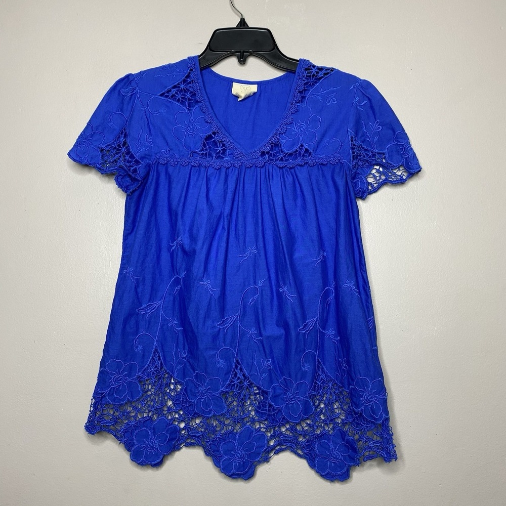 ANTHROPOLOGIE Vanessa Virginia‎ Women Sz 4 Cobalt Blue Embroidered  Short Sleeve